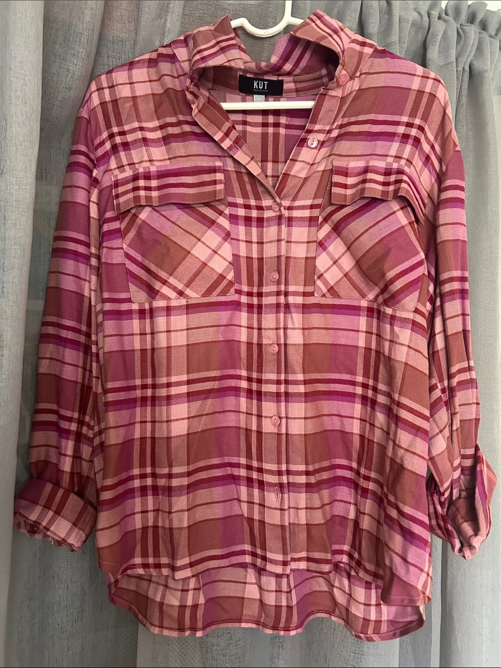 Kut from the Kloth Pink and Rose Plaid Button-Down Shirt